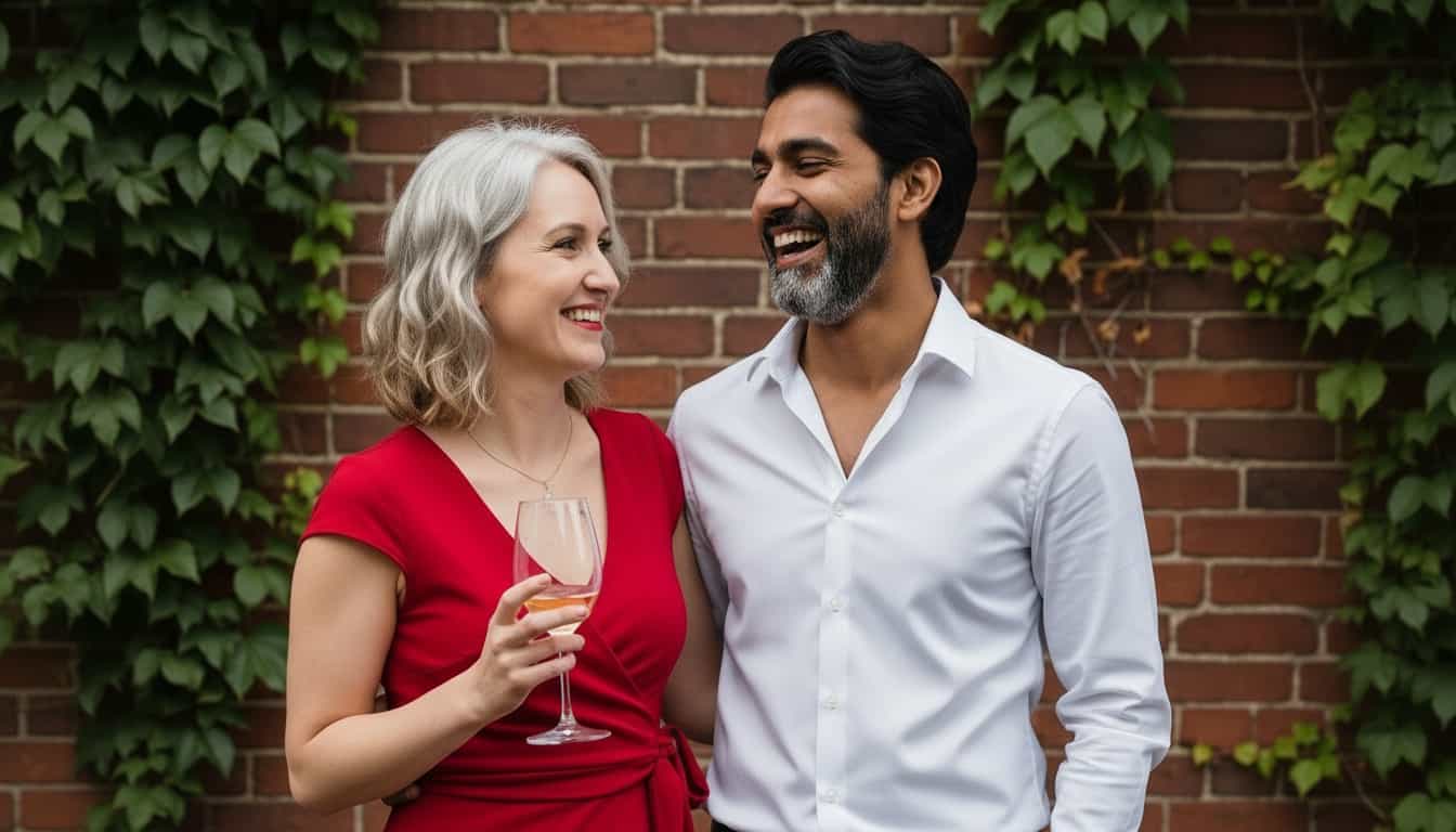 A couple laughing together against an ivy-covered brick wall